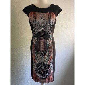 London Times Black, Teal & Coral Zip Sheath Sleeveless Shift Midi Dress 14